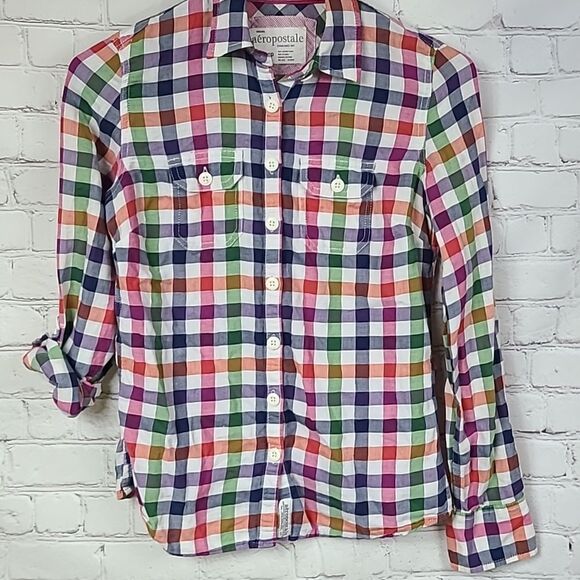 Aeropostale XS Soft Red Blue Check Plaid Button Down Long Sleeve Shirt Y2K 90s - Picture 11 of 11